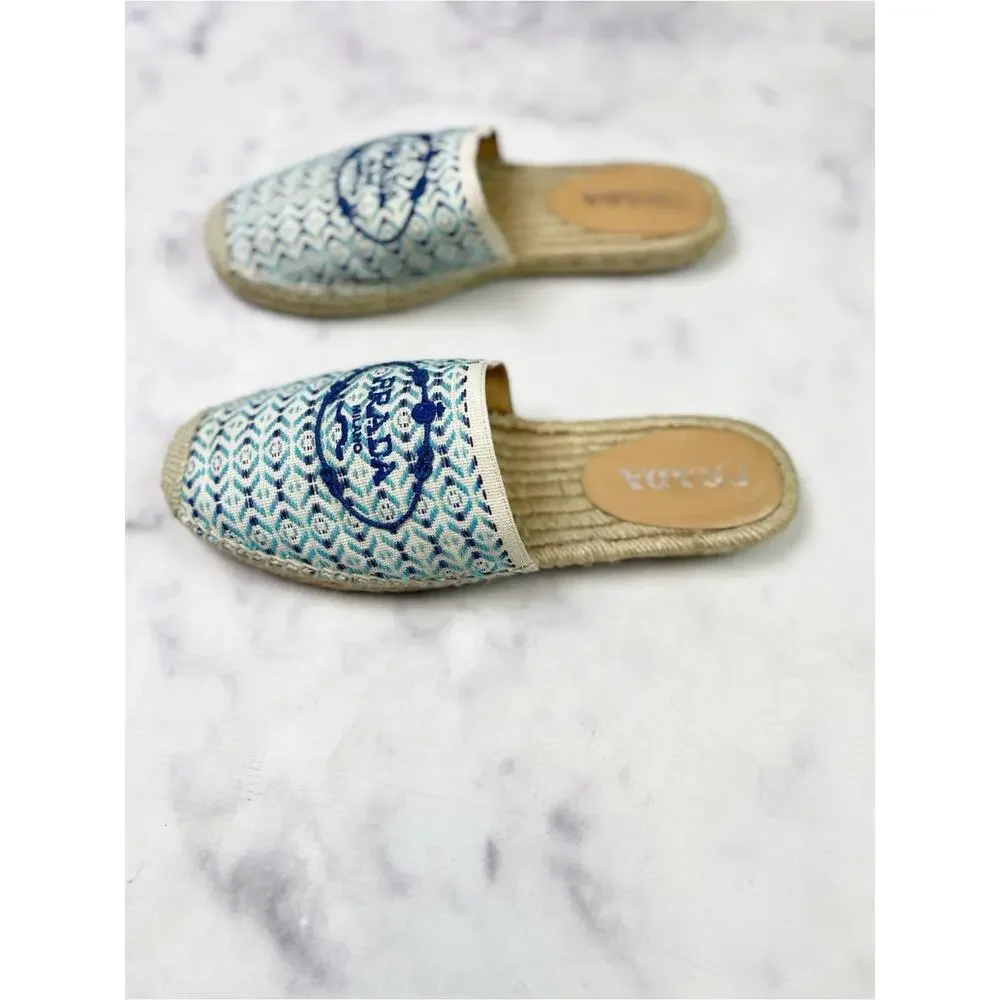 PRADA Nastro Embroidered Logo Jacquard Canvas Espadrille Mules Slip-On Sz 39 / 9
